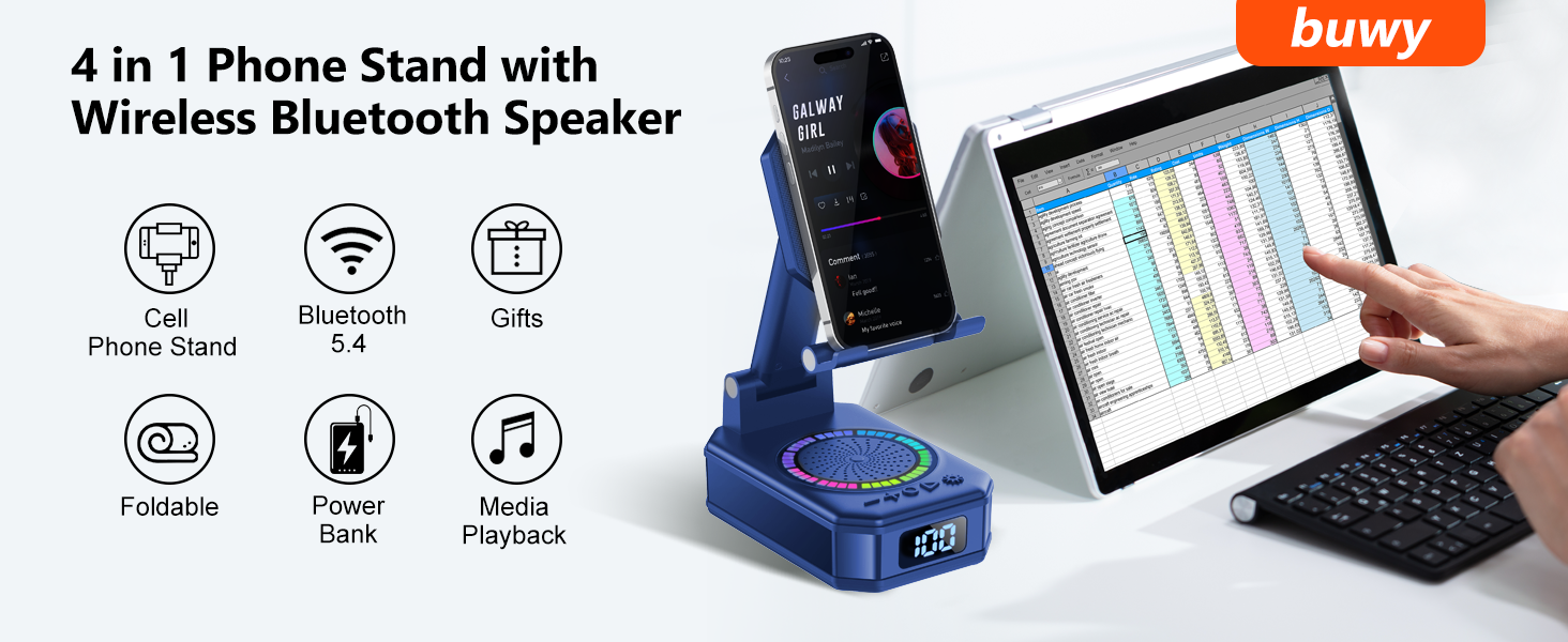 Text reads '4 in 1 Phone Stand with Wireless Bluetooth Speaker' by buwy. Product image shows blue device with phone mount and icons indicating wireless, Bluetooth, and audio features.