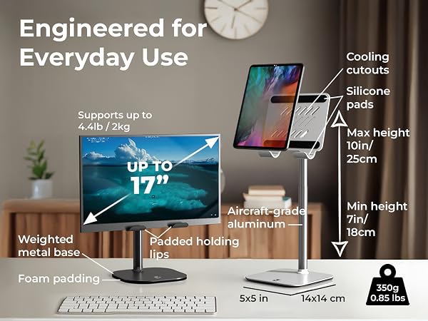 Engineered iPad desk stand with cooling cutouts, durable tablet stand holder and sturdy iPad stand
