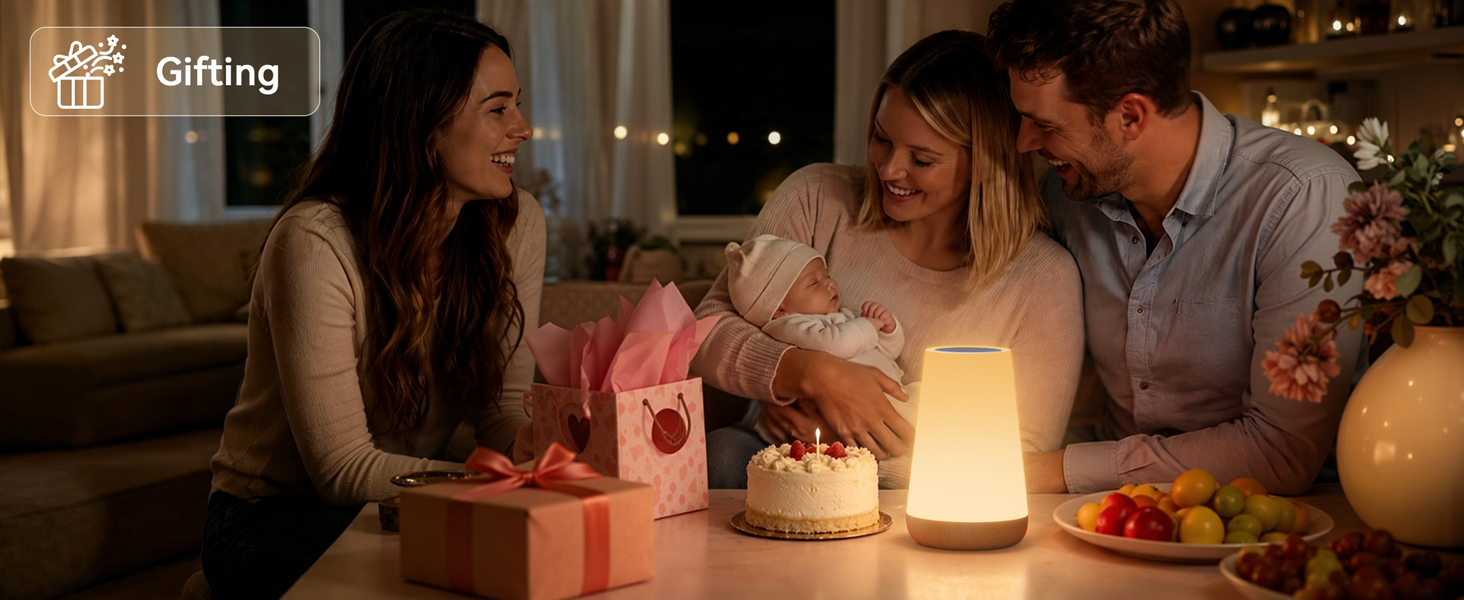 Rechargeable night light as gift for baby shower, happy family celebration scene with newborn baby