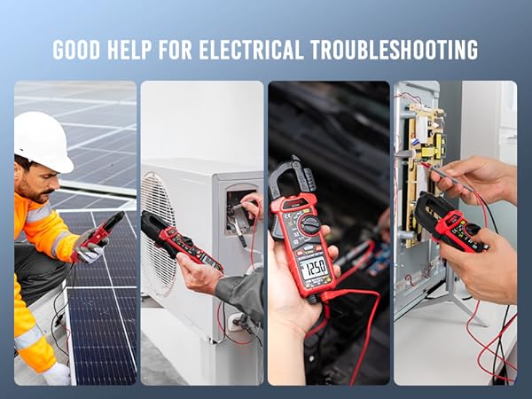 Collage of electrical troubleshooting scenes. Shows technicians using multimeters on solar panels, circuit breakers, car engines, and electrical outlets.