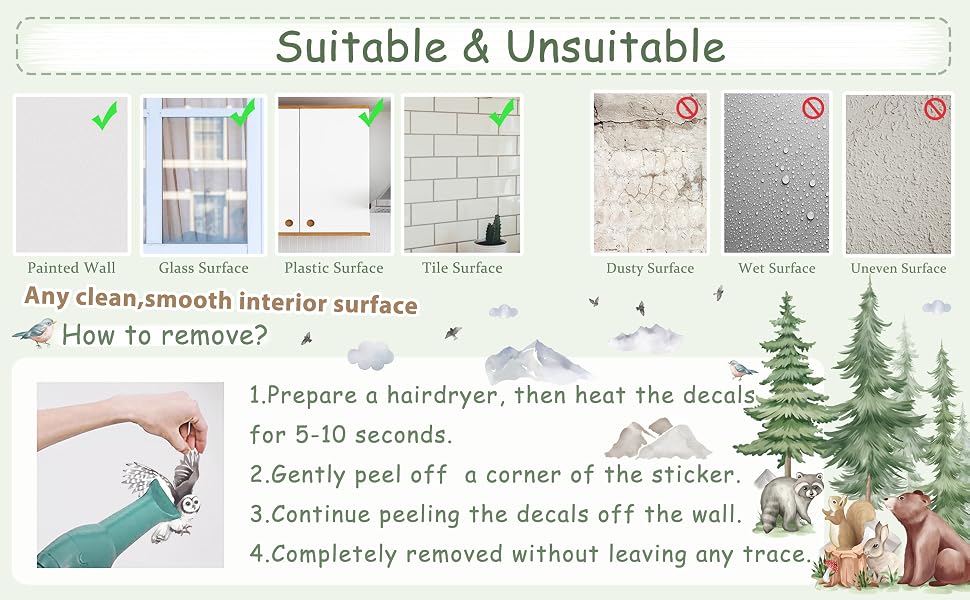 Instructional diagram showing wall decal application steps with suitable and unsuitable surface examples, including removal instructions.