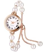 JewelryWe Pearl Bracelet Watch Set: Ladies Rose Gold Quartz Adjustable Stainless Steel Elegant Ro...