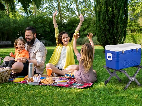 Family picnic with an Ablazer folding cooler stand holding a blue cooler on grass