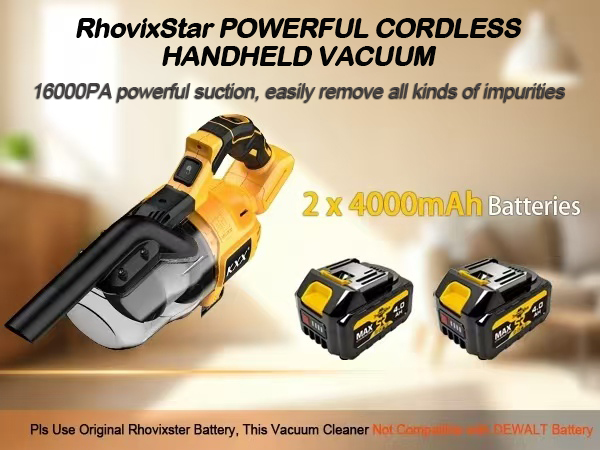Rhovixster Handheld Vacuum Cordless 20V with 2-Pack 4Ah Batteries and Charger