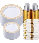 Goodluck 350 Piece Gold Plastic Dinnerware Set for 50 Guests, Disposable Lace Plates for Party, I...