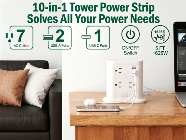 10-in-1 tower power strip solves all your power needs