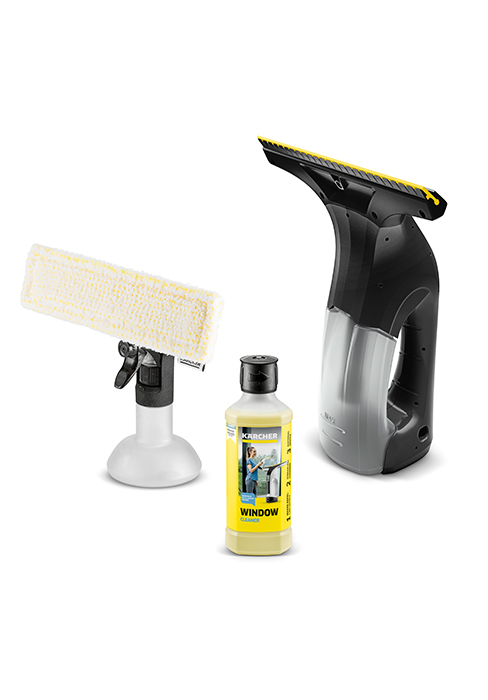 Black WV 1, Spray Bottle, and Detergent in front of white background