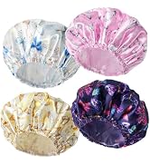 Shower Cap for Women,4 PCS Elastic and Reusable Bath Caps, Double Layers Shower Caps Reusable Wat...