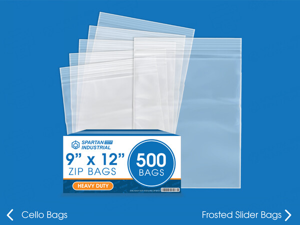 Six of our heavy duty zip bags fanned behind their packaging on a blue background