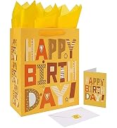 13" Large Yellow Gift Bags Set with Greeting Card and Tissue Papers (Yellow Happy Birthday) for M...