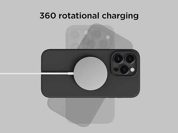 Phone case with 360-degree rotational charging capability, featuring a black design with circular silver accent and camera cutout for multi-lens setup.