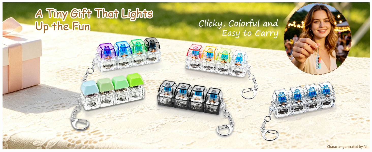 Multiple colorful light-up keyboard fidget keychains displayed beside a small gift box.