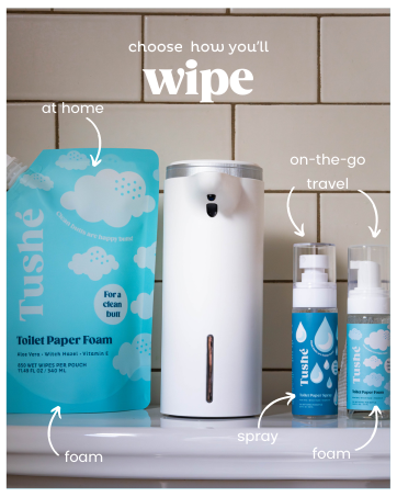 Natural Tushe toilet paper foam and spray: deep-clean, soothing aloe vera, and witch hazel
