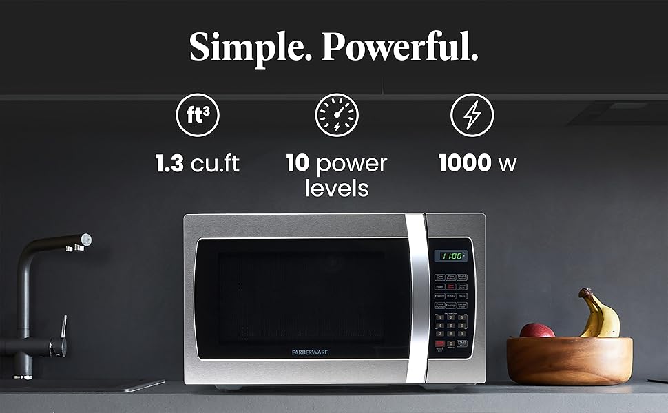 simple, powerful. 1.3 cu ft, 10 power levels, 1000 watts