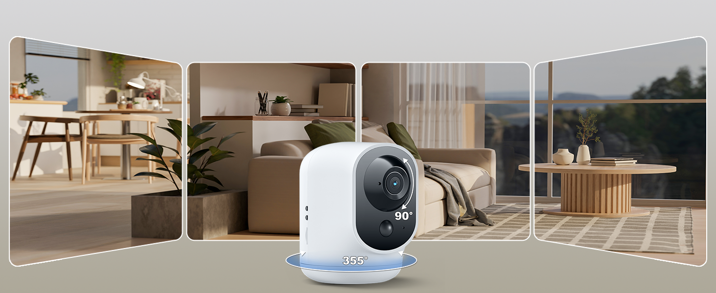 White spherical security camera in a modern living room setting with large windows and minimal furniture.