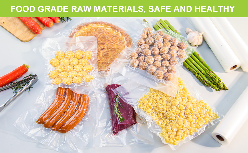 Vacuum bags containing a variety of different foodstuffs, all in a vacuum-sealed state