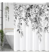 Gibelle Black and White Eucalyptus Shower Curtain, Grey Watercolor Plant Leaves with Floral Bathr...