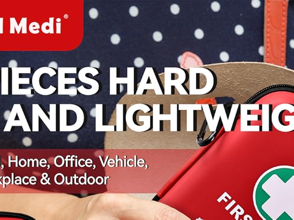 Text reads 'General Medi', '170 PIECES HARD CASE AND LIGHTWEIGHT', 'Great for Travel, Home, Office, Vehicle, Camping, Workplace & Outdoor'. Red first aid kit with white cross symbol.