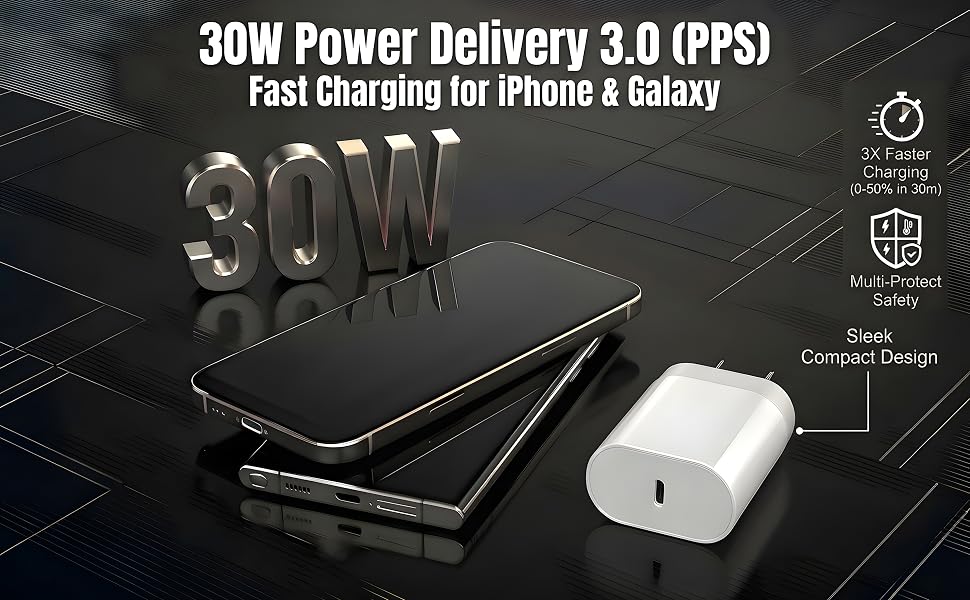30W USB-C wall charger with PPS technology charging a black smartphone quickly.