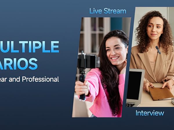 Advertisement showcasing multiple scenarios for audio recording: live stream, interview, and vlog. Three panels display people using microphones or cameras in different settings.