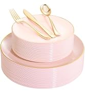 YOUBET 125PCS Pink Plastic Plates - Pink Disposable Plates With Gold Rim - Pink Plates Disposable...