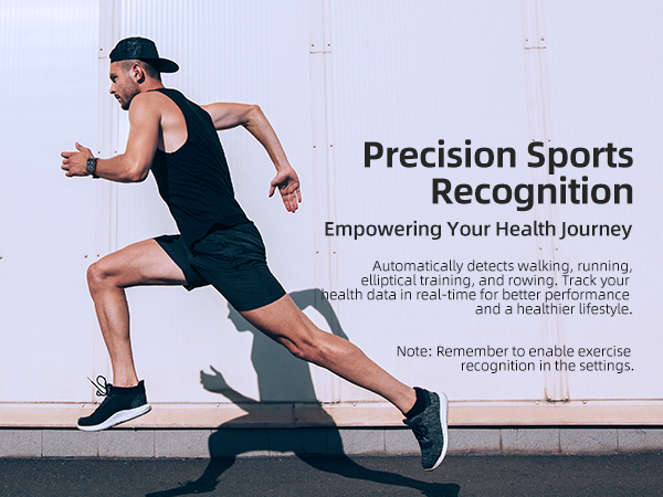 Man in dark clothing running, demonstrating Precision Sports Recognition technology for tracking various physical activities and health metrics.