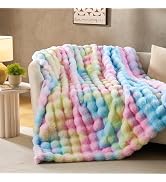 DOWNCOOL Faux Fur Throw Blanket for Couch, Ultra Soft Fluffy Fuzzy Plush Bubble Blanket for Sofa ...