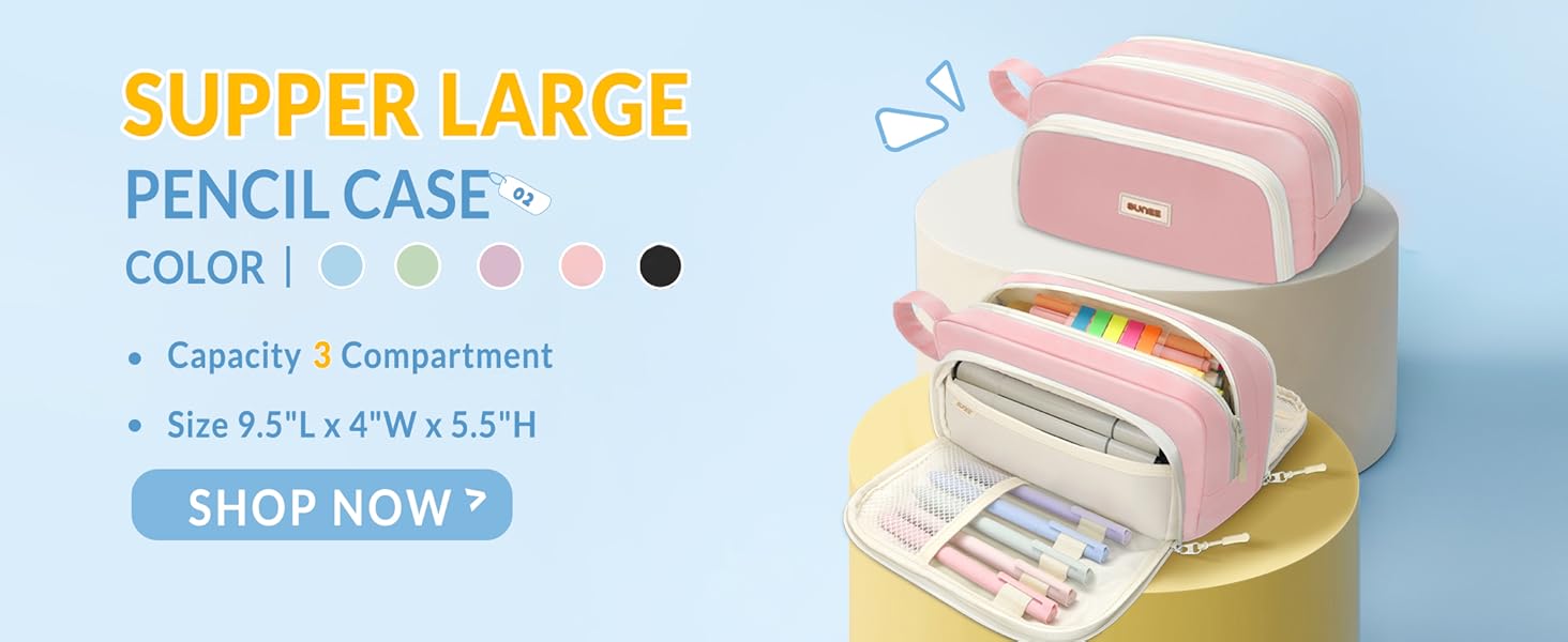 Large Pencil Case, Big Capacity Pen Pouch with 3 Compartments