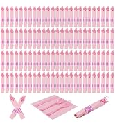 100 Pack Pre Rolled Pink Plastic Cutlery Set with Paper Napkins, Pink Pre Rolled Silverware Set D...