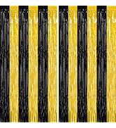 2 Pack Graduation Backdrop, 3.28 FT x 7.05 FT Black and Gold Foil Fringe Curtains, Metallic Foil ...
