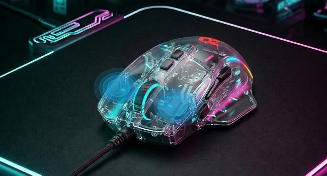 Redragon M925 wired mouse with transparent RGB shell for gaming desks adds vivid futuristic style