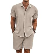 COOFANDY Men's Summer Beach Outfits 2 Piece Short Sleeve Shirts and Shorts Vacation Texture Linen...