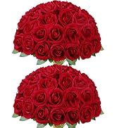 Lifewit 50 Pcs Red Artificial Roses Flowers in Bulk, Fake Long Stem Silk Roses for DIY Wedding Bo...