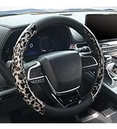 KAFEEK Black Leopard Cheetah Steering Wheel Cover, Universal 15 Inch, Anti-Slip PU Leather Car St...