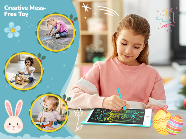 drawing tablet for children Girl using blue stylus on white tablet. dust-free, mess-free