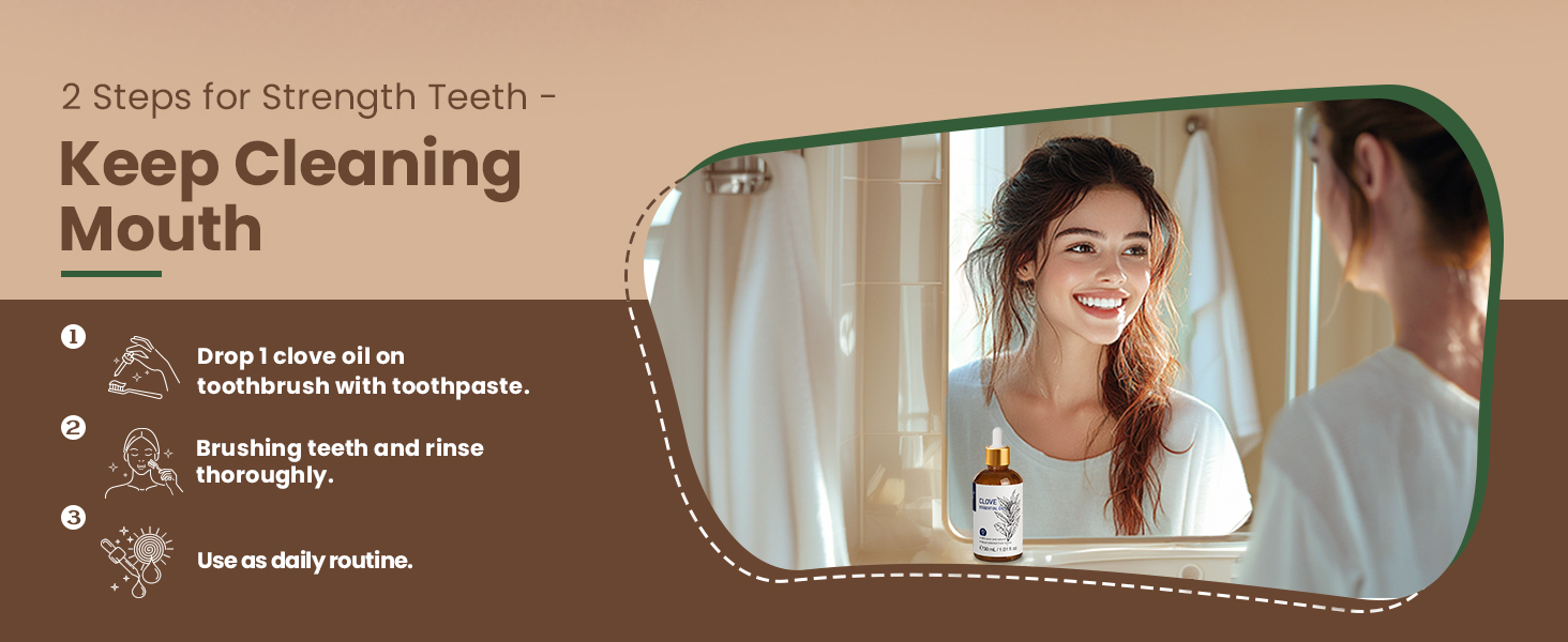 Text reads '2 Steps for Strength Teeth - Keep Cleaning Month'. Dental care instructional image showing toothbrushing steps on warm beige background.