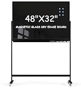 Tankee Rolling Whiteboard, 48x32 Inches Black Magnetic Glass Dry Erase Board with Stand, Standing...