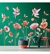 Removable Large Pink Red Poppy Flowers Wall Stickers with Fairy Angels - DIY Floral Butterfly Wal...