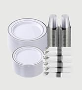 Goodluck 350 Piece Silver Plastic Dinnerware Set for 50 Guests, Fancy Disposable Plates for Party...