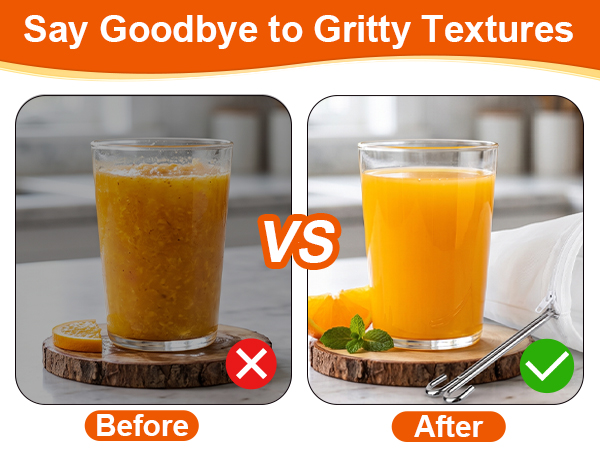 Before vs after orange juice filtration effect with reusable mesh filter bag