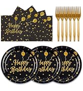 PUEVENYI 75PCS Happy Birthday Paper Plates - 7 Inch Black Gold Dot Paper Plates and 6.5 Inch Napk...