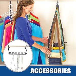 Lady hanging accessories cross body purses bags and jewelry on Wonder Hanger Max. Everything is neat