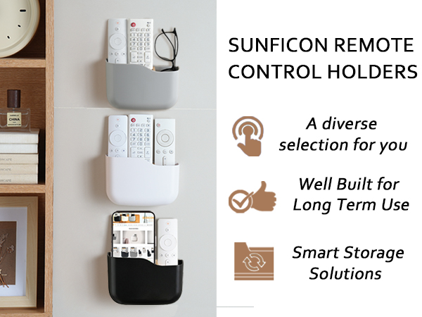 Text reads 'SUNFICON REMOTE CONTROL HOLDERS', 'Well Built for Long Term Use', 'Smart Storage Solutions'. Product images showing brown organizer mounted on wall.