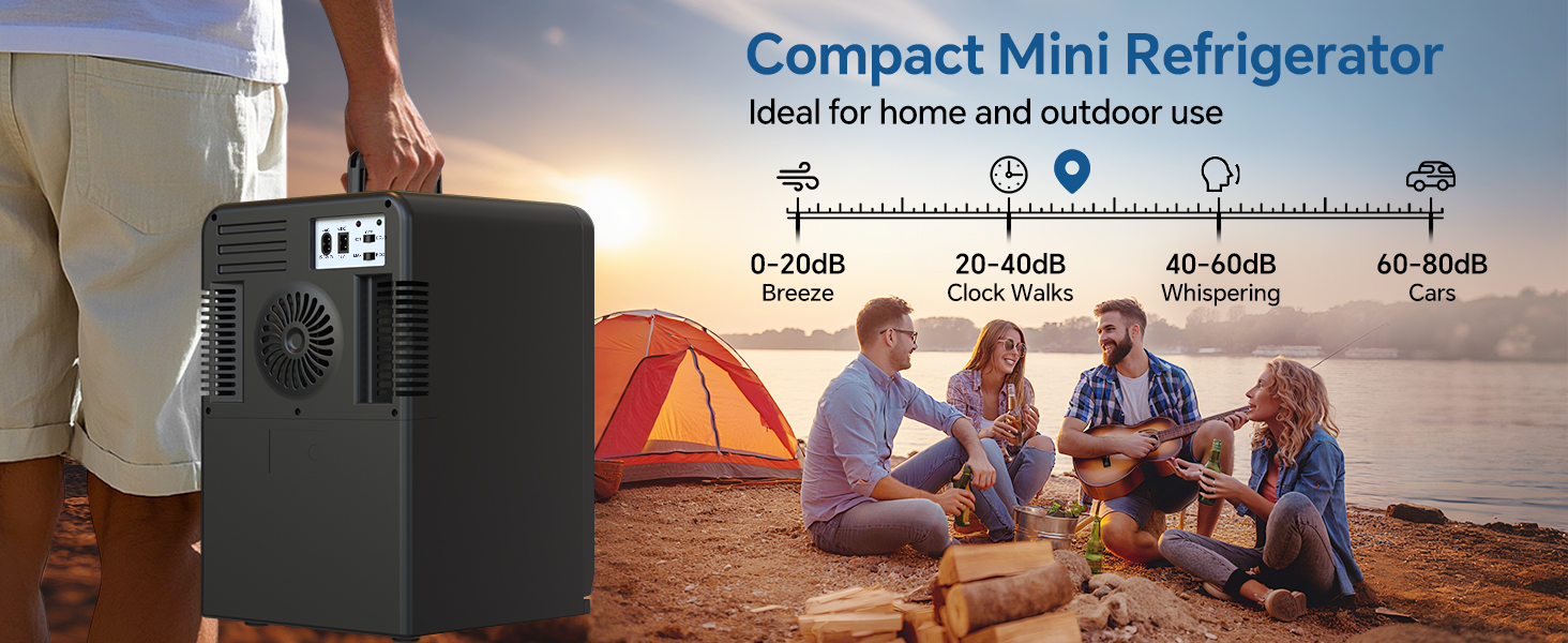 Text reads 'Compact Mini Refrigerator ideal for home and outdoor use'. Portable black refrigerator shown in outdoor camping setting with tent and people in background.