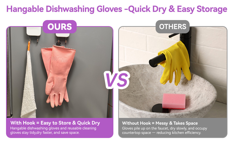 Dishwashing Rubber Gloves for Cleaning – 4 Pairs Kitchen Gloves with Handing Hooks