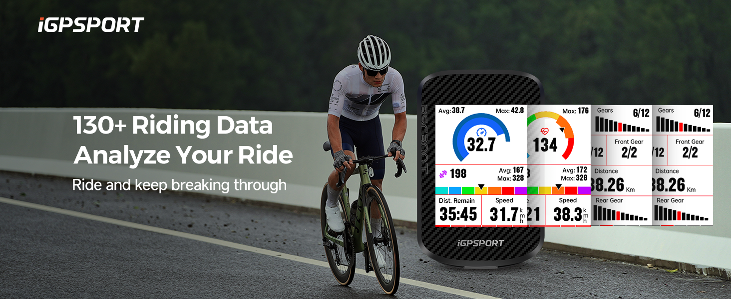 Cyclist on road with overlay of cycling data analytics. Screen displays colorful graphs and numeric information for ride analysis.