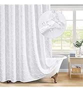 MitoVilla White Boho Fabric Shower Curtain with Tufted, Modern Farmhouse Cloth Shower Curtains fo...