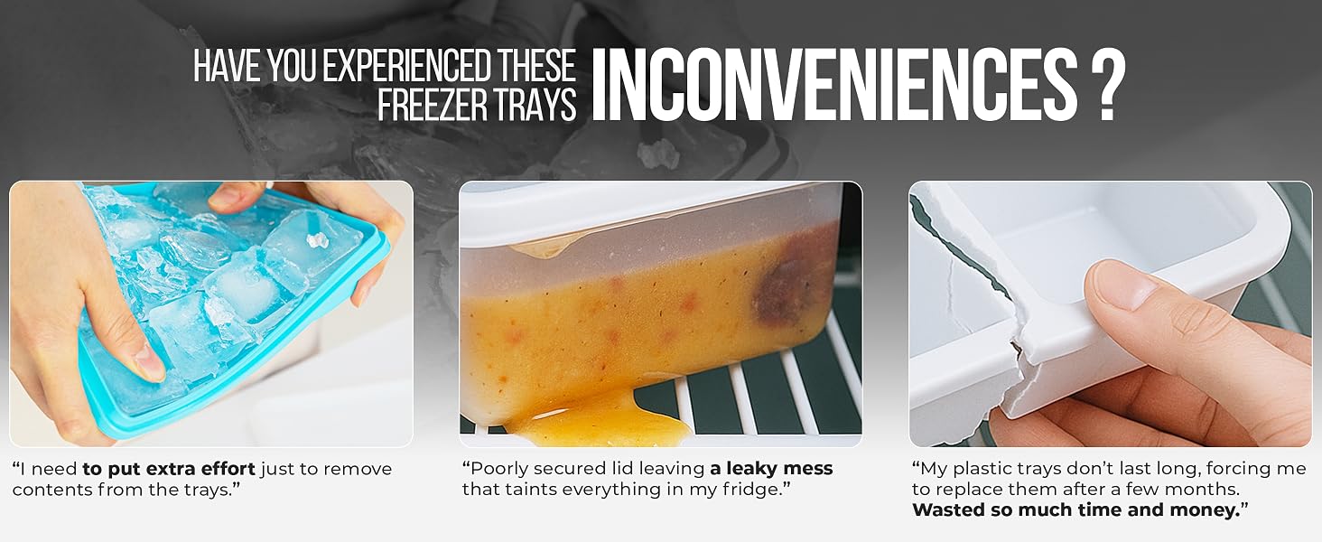 Common plastic freezer tray problems - stuck ice cubes, leaking baby food, cracked plastic tray