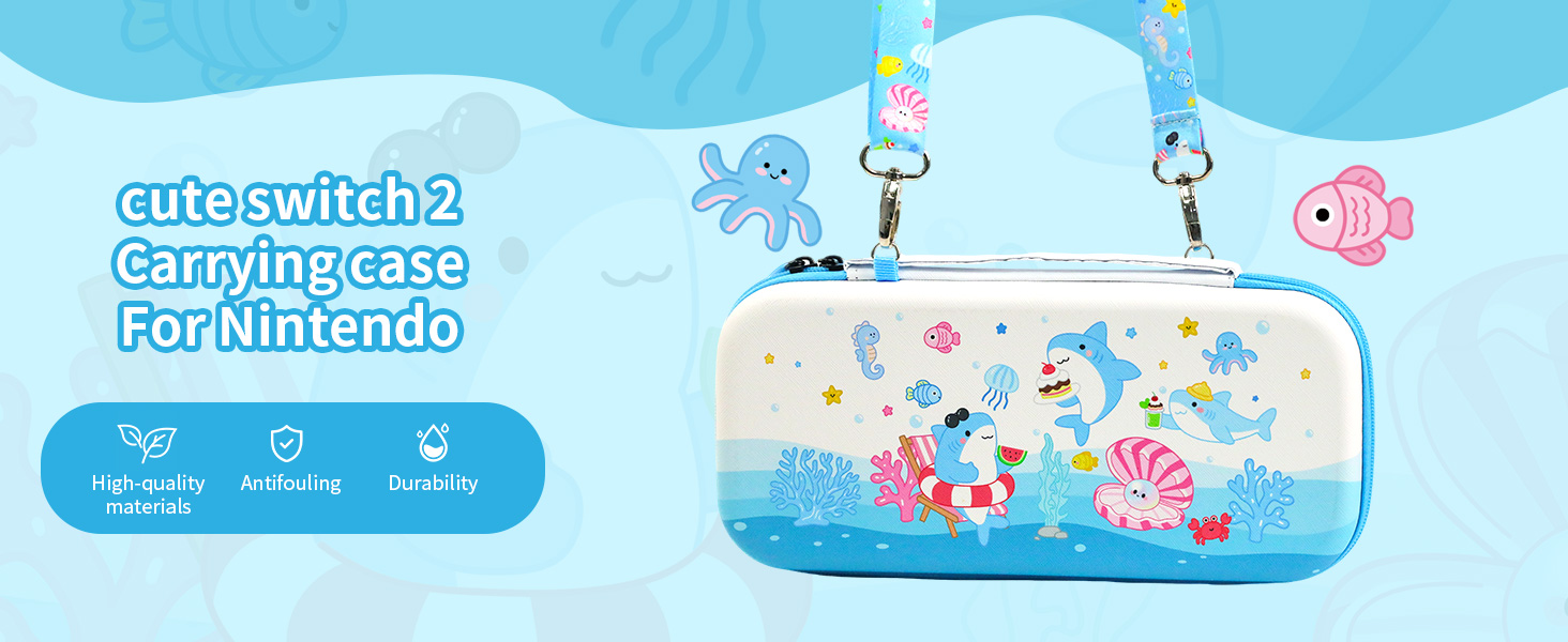 Cute Switch 2 Carrying Case, Kawaii Shark Travel Carry Case with Shoulder Strap