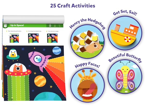 Collection of colorful craft activity badges featuring cartoon animals and objects, including a hedgehog, butterfly, and sailboat. Text '25 Craft Activities' visible.
